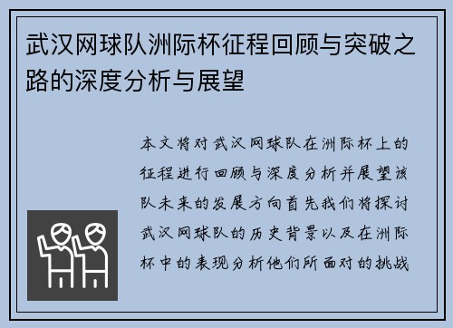 武汉网球队洲际杯征程回顾与突破之路的深度分析与展望